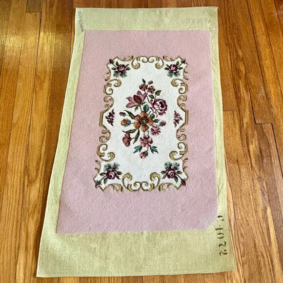 Vintage Pink Floral Needlepoint with Roses and Scroll Design Unframed - Picture 9 of 15